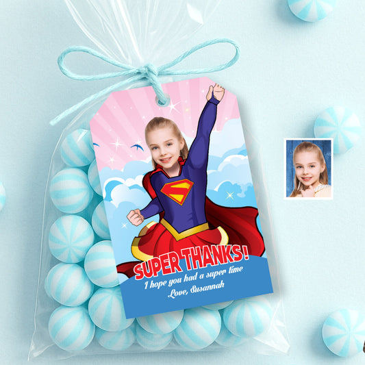 Supergirl Thank you and Favor tags with birthday girl as Supergirl. 110TY