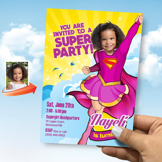 Pink Supergirl Birthday party invite with your girl as the star, Supergirl pink theme party. 111IN