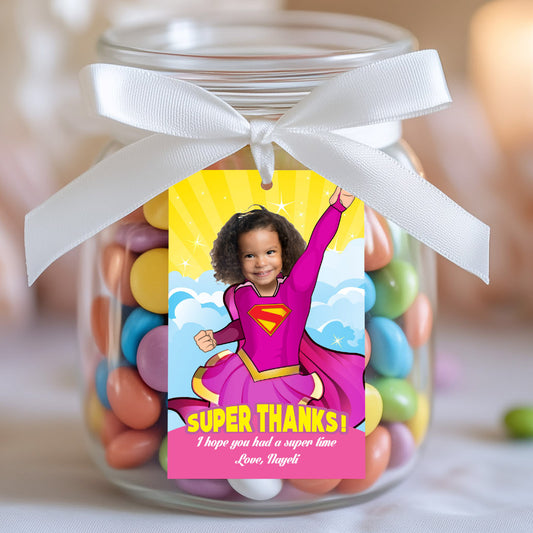 Pink Supergirl Thank you and Favor tags with birthday girl as the star. 111TY