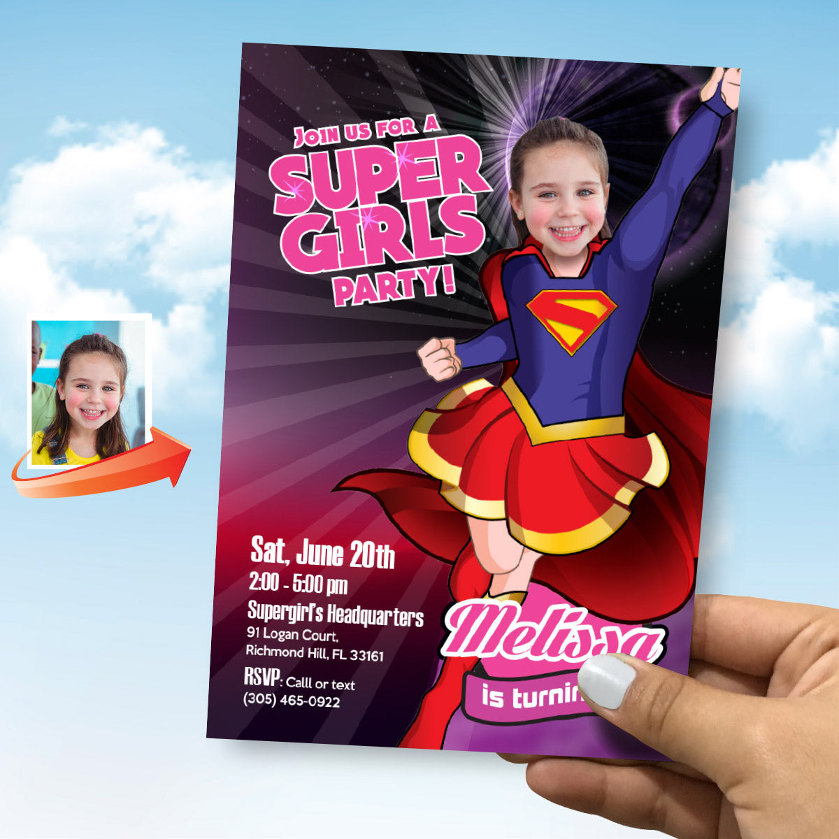 Supergirl Birthday Invitation Template with your photo, Supergirl Outer Space Invite. 112IN