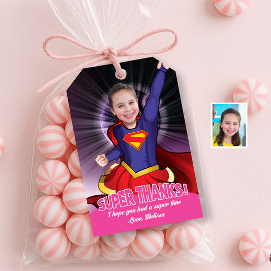 Custom Supergirl Swap Face Thank you and Favor tags with girl as the star. 112TY