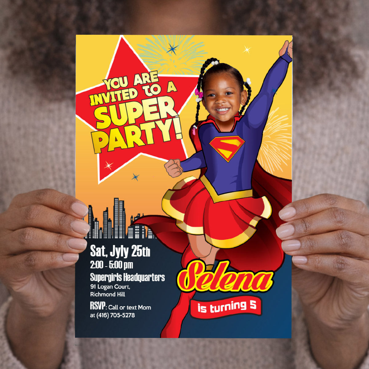 Supergirl photo Invitation, Supergirl Birthday Invitation with your girl as the star. 113IN