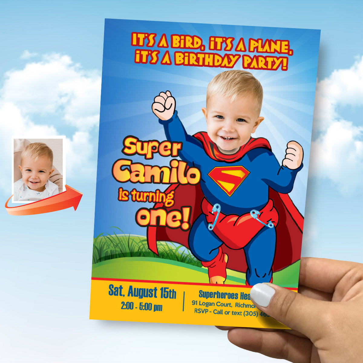 Baby Superman 1st Birthday Invitation with photo, Superman First birthday template. 121IN