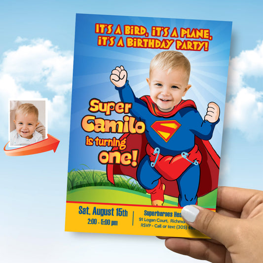 Baby Superman 1st Birthday Invitation with photo, Superman First birthday template. 121IN