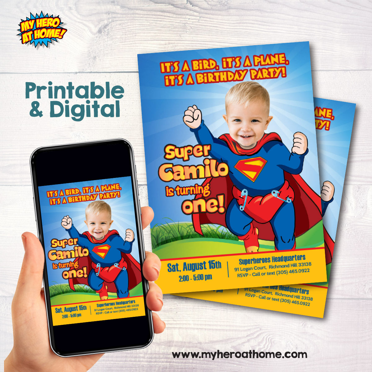 Baby Superman 1st Birthday Invitation with photo, Superman First birthday template. 121IN