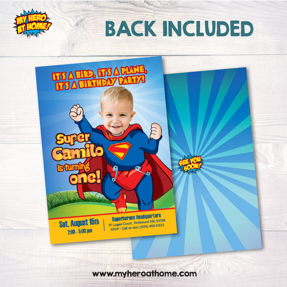 Baby Superman 1st Birthday Invitation with photo, Superman First birthday template. 121IN