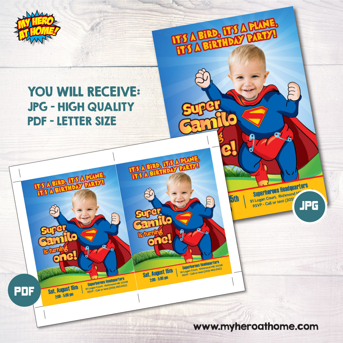 Baby Superman 1st Birthday Invitation with photo, Superman First birthday template. 121IN