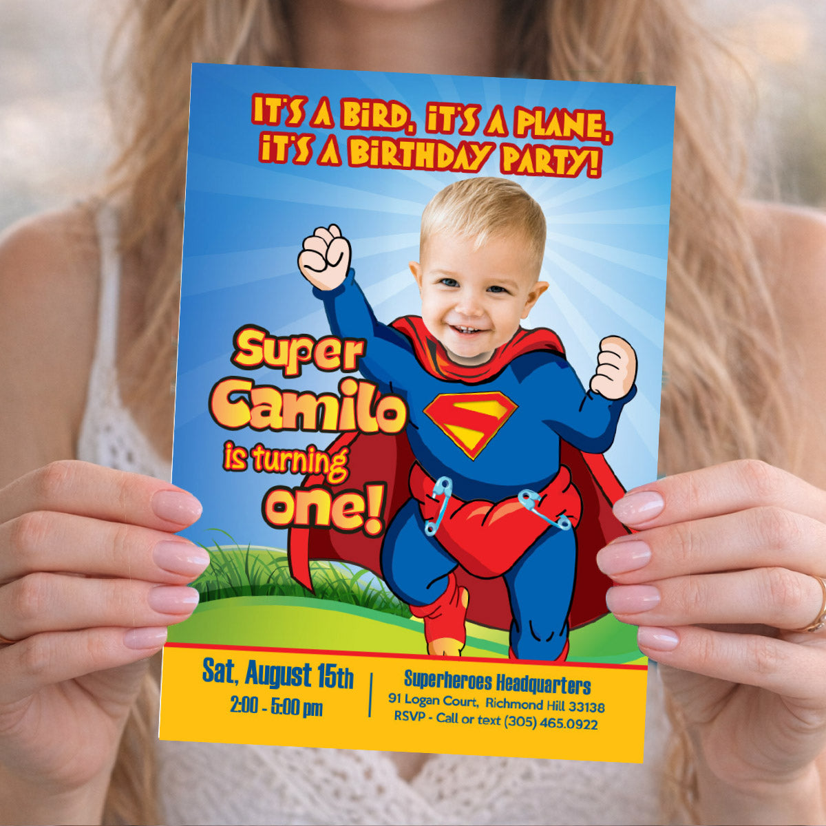Baby Superman 1st Birthday Invitation with photo, Superman First birthday template. 121IN