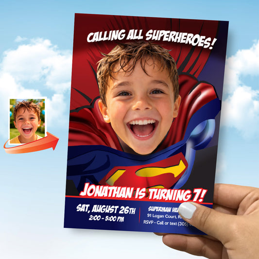 Superman Swap Face Birthday Invitation, Superman Birthday themed. 125IN