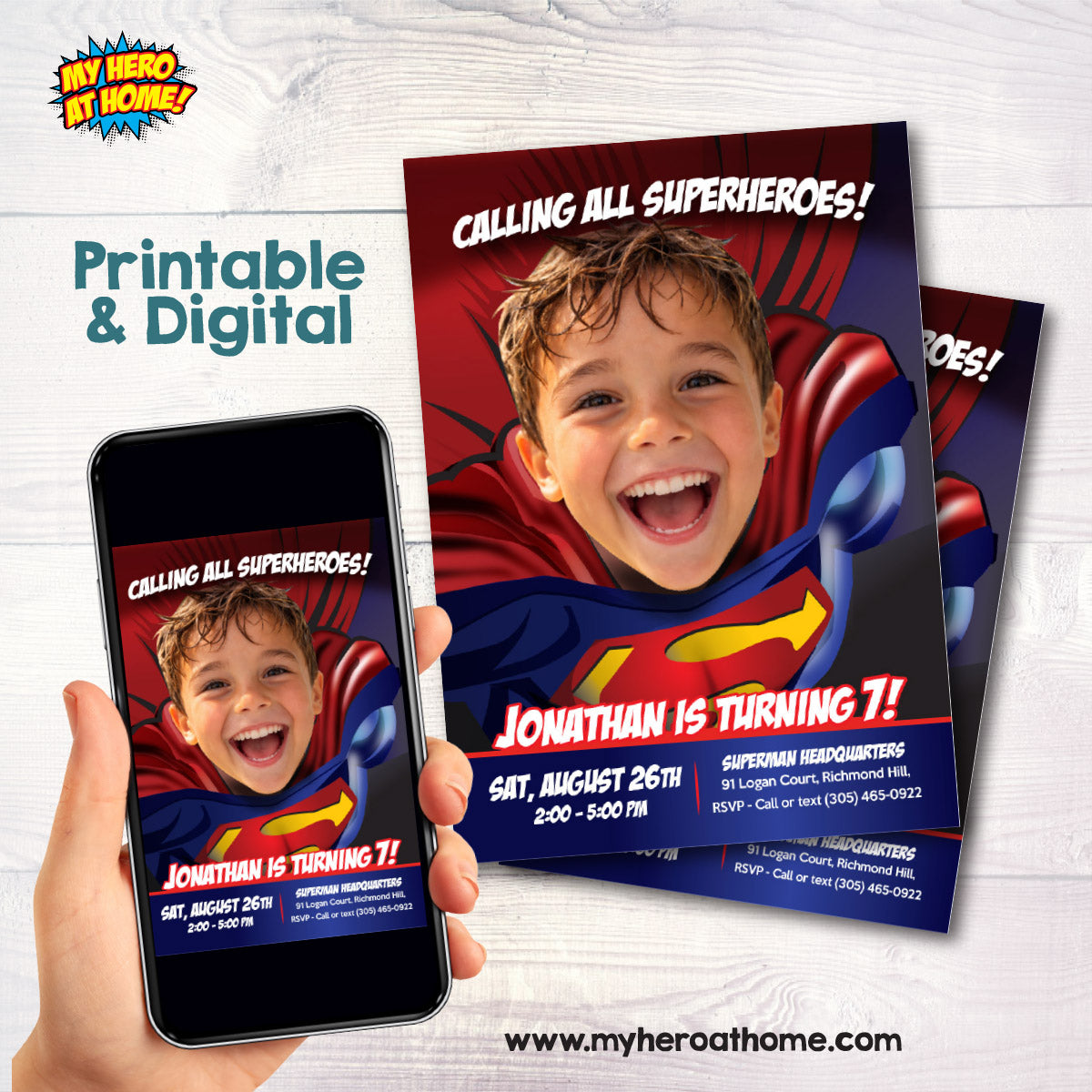 Superman Swap Face Birthday Invitation, Superman Birthday themed. 125IN