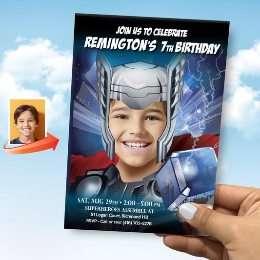 Personalized Thor Party Invite with your kid as the god of thunder, Thor Swap Face. 126IN
