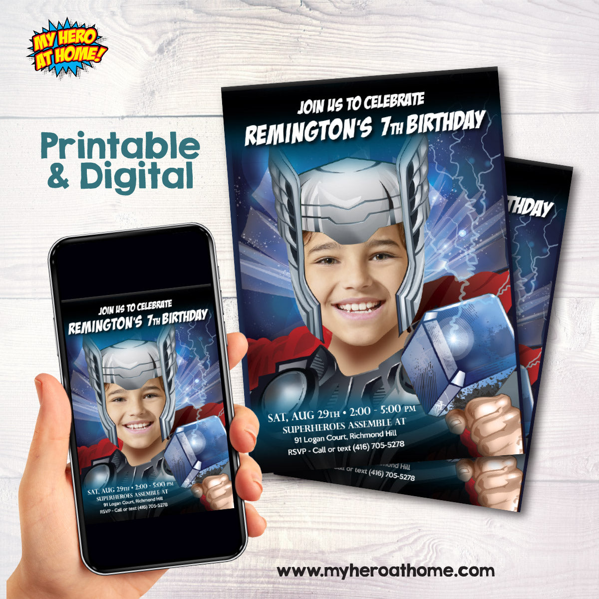 Personalized Thor Party Invite with your kid as the god of thunder, Thor Swap Face. 126IN