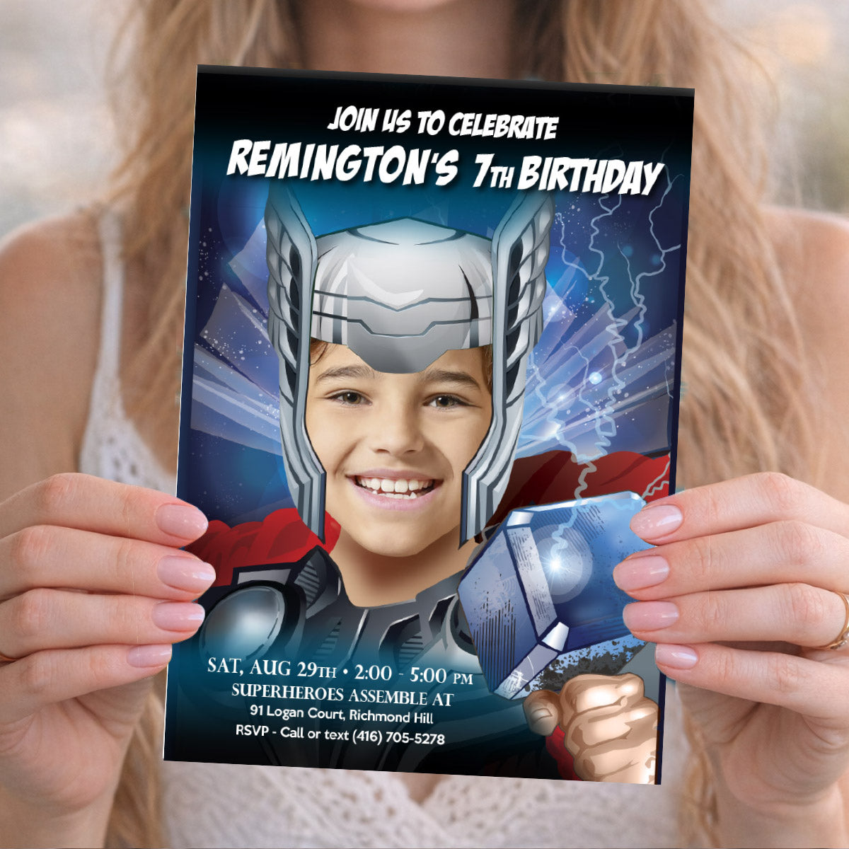 Personalized Thor Party Invite with your kid as the god of thunder, Thor Swap Face. 126IN