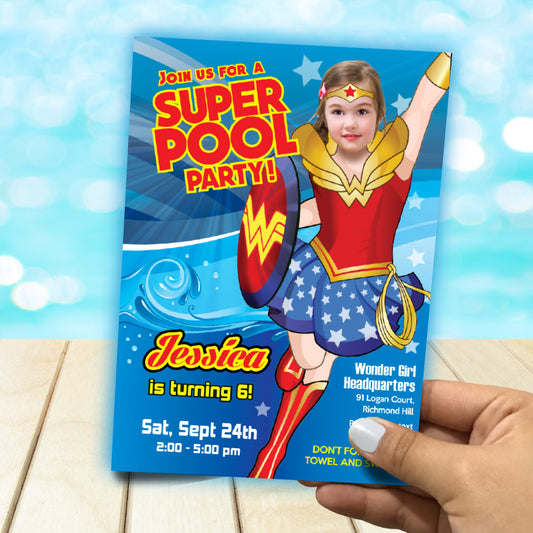 Wonder Girl Pool Party Invitation with girl as Wonder Woman, Custom Wonder woman pool party template. 130