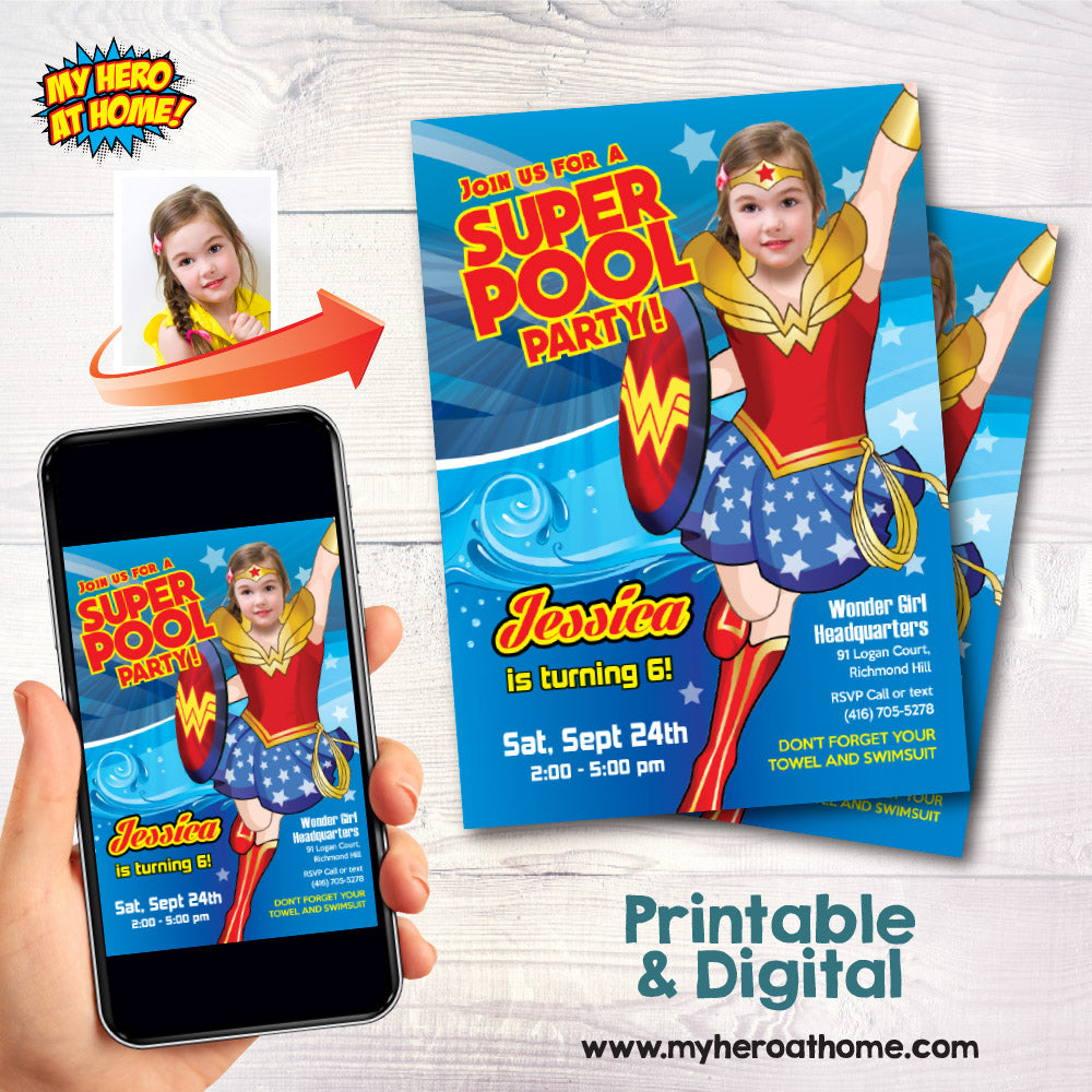 Wonder Girl Pool Party Invitation with girl as Wonder Woman, Custom Wonder woman pool party template. 130