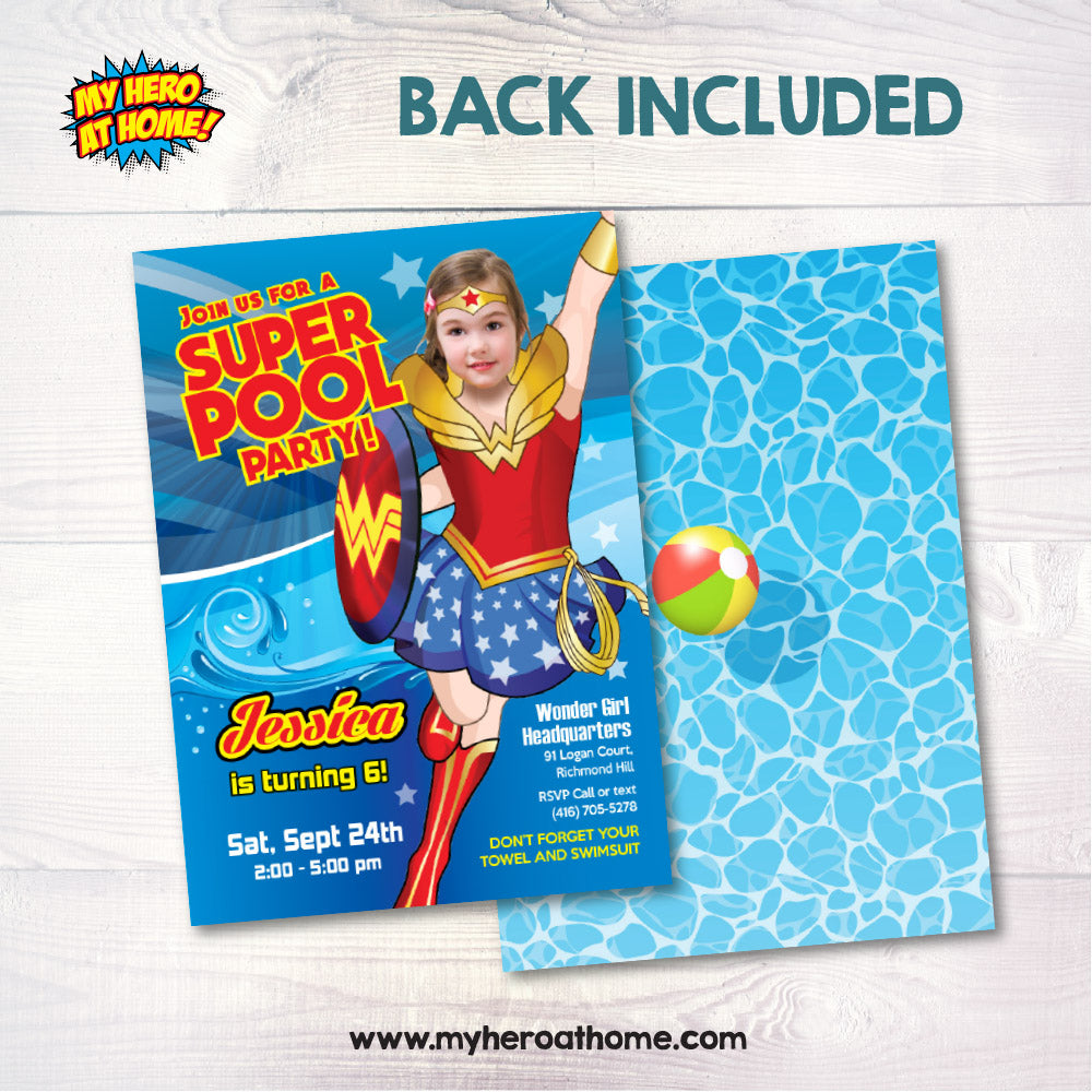 Wonder Girl Pool Party Invitation with girl as Wonder Woman, Custom Wonder woman pool party template. 130