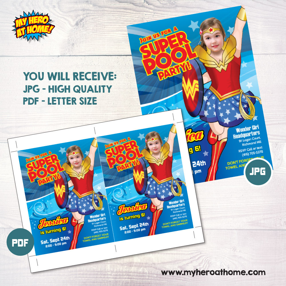 Wonder Girl Pool Party Invitation with girl as Wonder Woman, Custom Wonder woman pool party template. 130