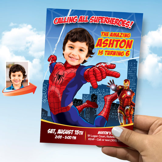 Spiderman Digital Invitation featuring kid as the Amazing Spiderman. 137IN