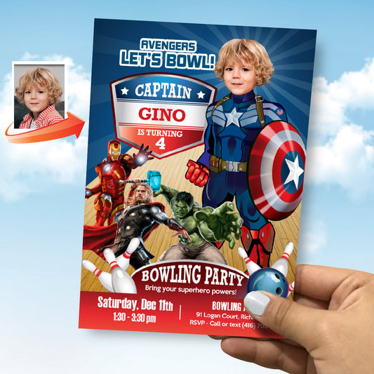 Captain America Bowling Birthday Invitation with photo, Avengers Party (Digital, Printable). 138IN