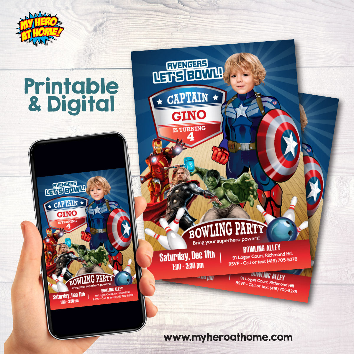 Captain America Bowling Birthday Invitation with photo, Avengers Party (Digital, Printable). 138IN