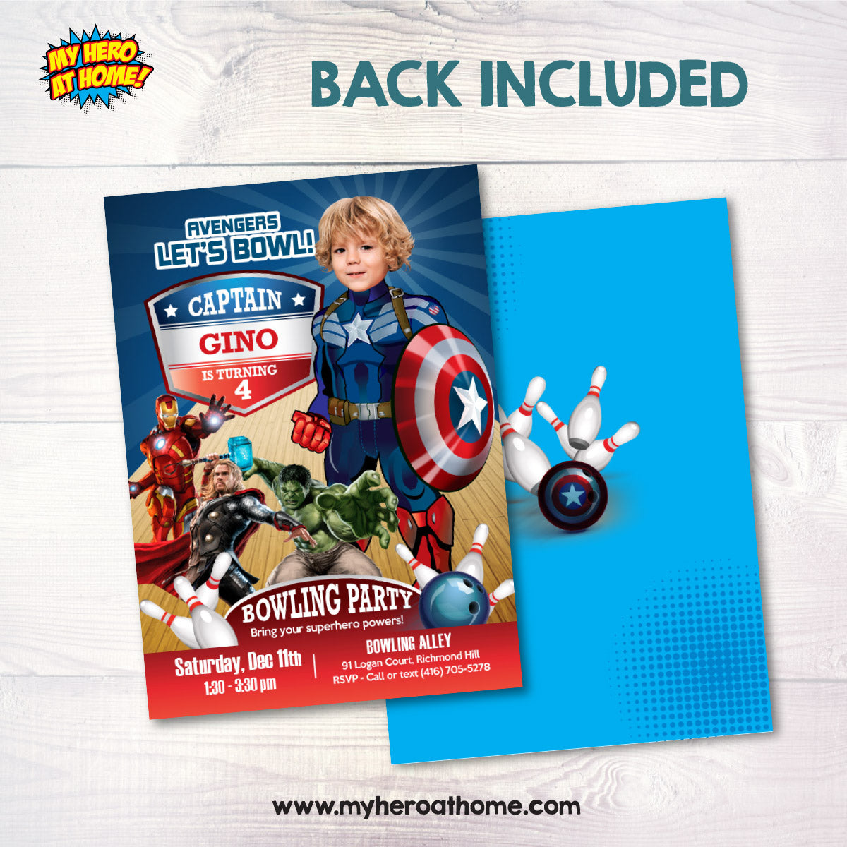 Captain America Bowling Birthday Invitation with photo, Avengers Party (Digital, Printable). 138IN