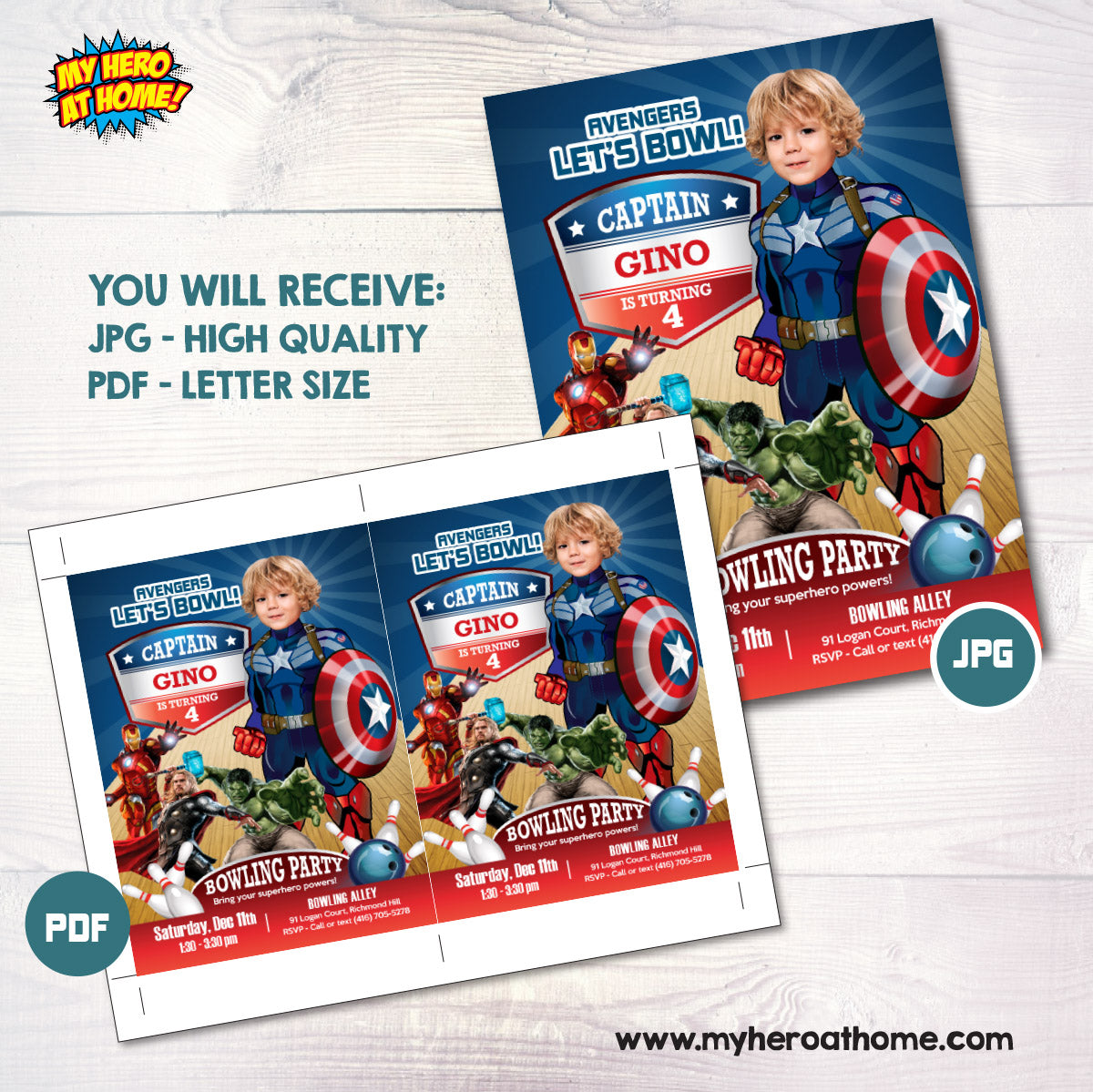 Captain America Bowling Birthday Invitation with photo, Avengers Party (Digital, Printable). 138IN