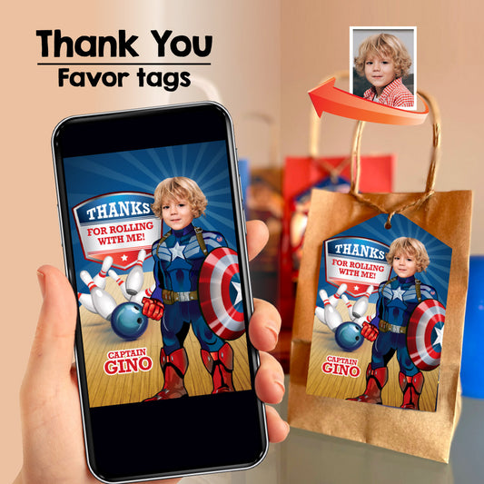 Captain America Bowling Party thank you and favor tags featuring child as the Hero. 138TY