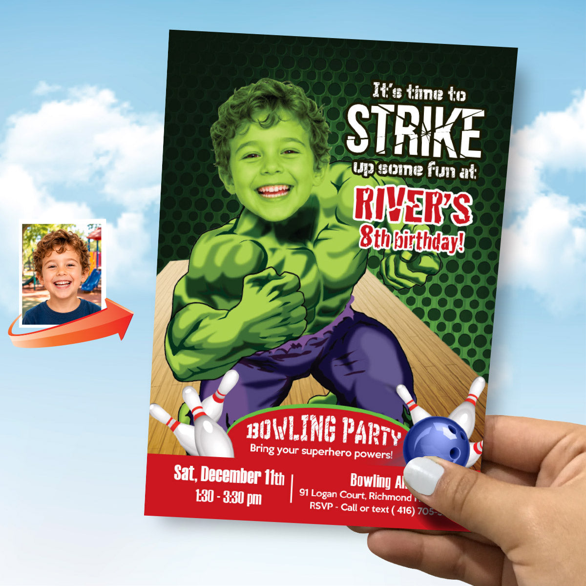 Personalized Hulk Bowling Birthday Party Invitation Featuring Kid as Favorite Superhero. 144