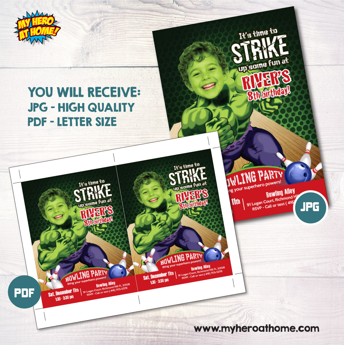 Personalized Hulk Bowling Birthday Party Invitation Featuring Kid as Favorite Superhero. 144