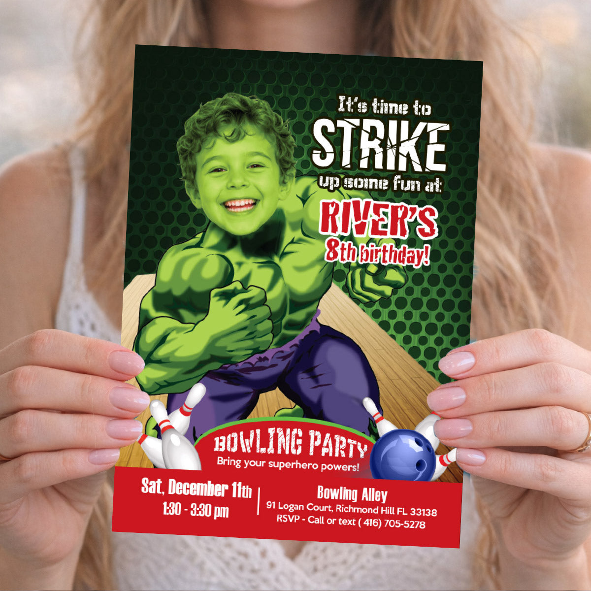 Personalized Hulk Bowling Birthday Party Invitation Featuring Kid as Favorite Superhero. 144