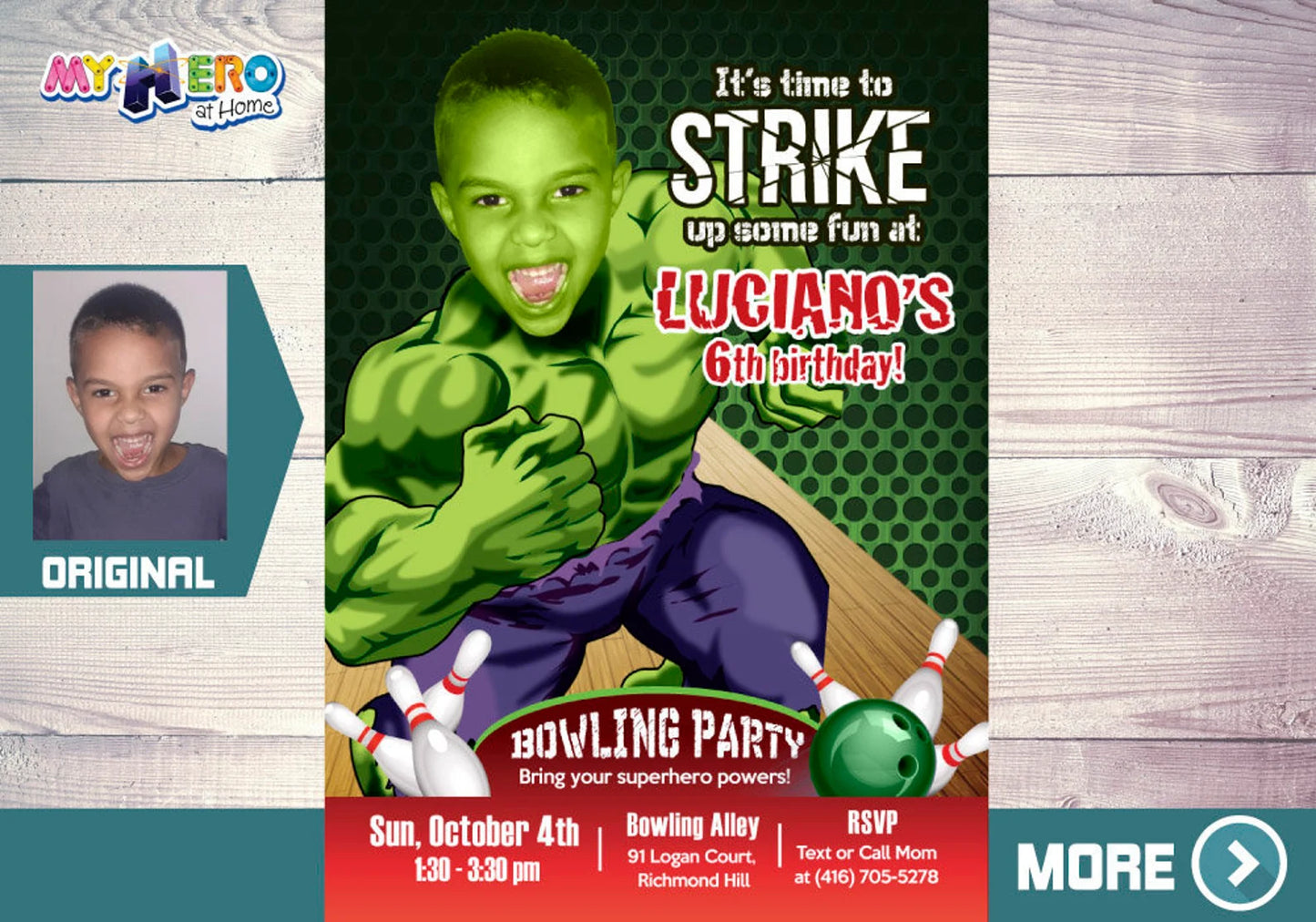 Hulk Bowling Party birthday template Featuring Kid as Favorite Superhero. 144