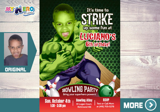 Hulk Bowling Party birthday template Featuring Kid as Favorite Superhero. 144
