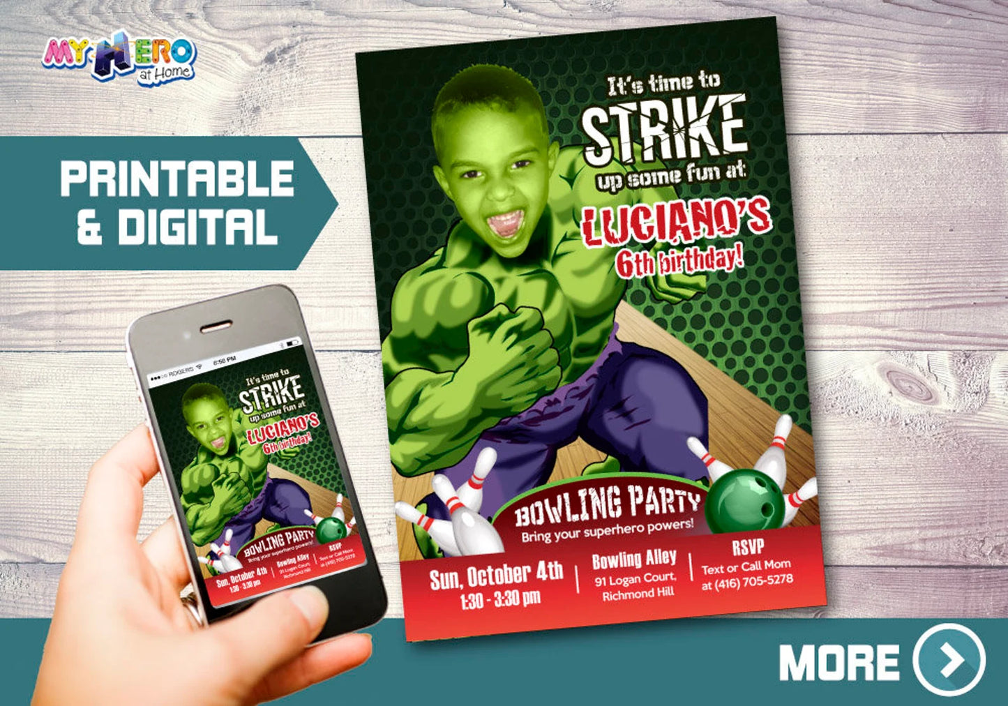 Hulk Bowling Party birthday template Featuring Kid as Favorite Superhero. 144
