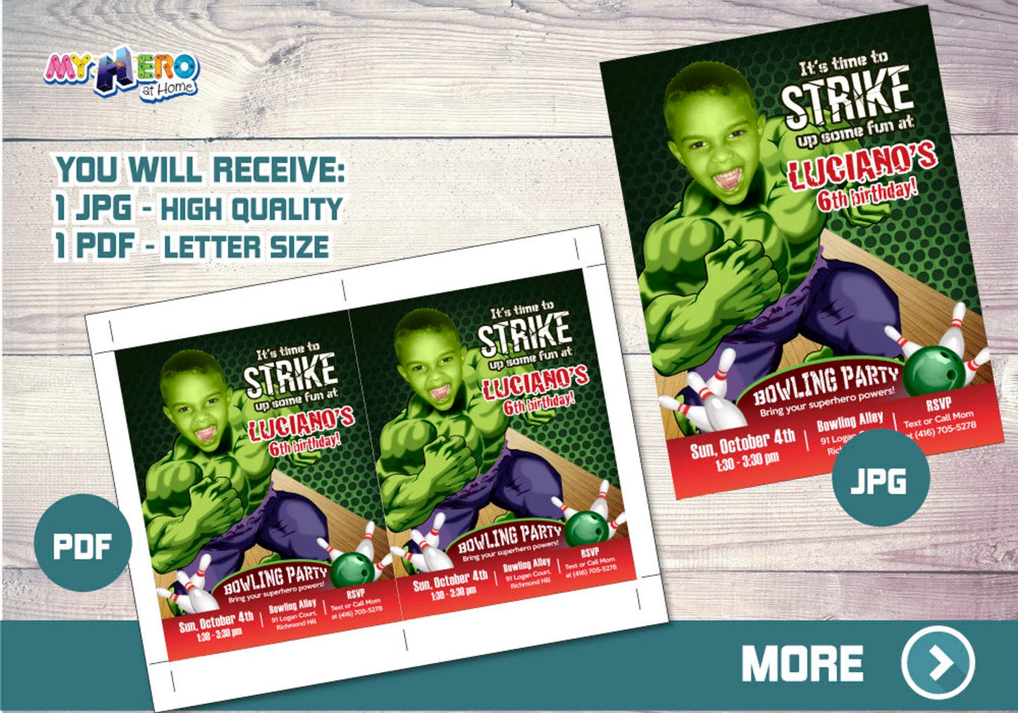 Hulk Bowling Party birthday template Featuring Kid as Favorite Superhero. 144