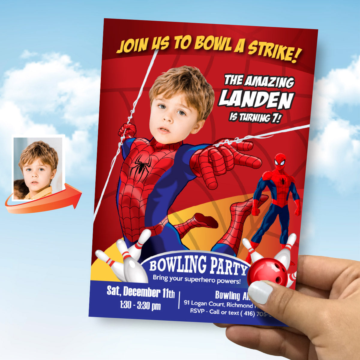 Spiderman Bowling Birthday Party Invitation Featuring Kid as the Star. 146