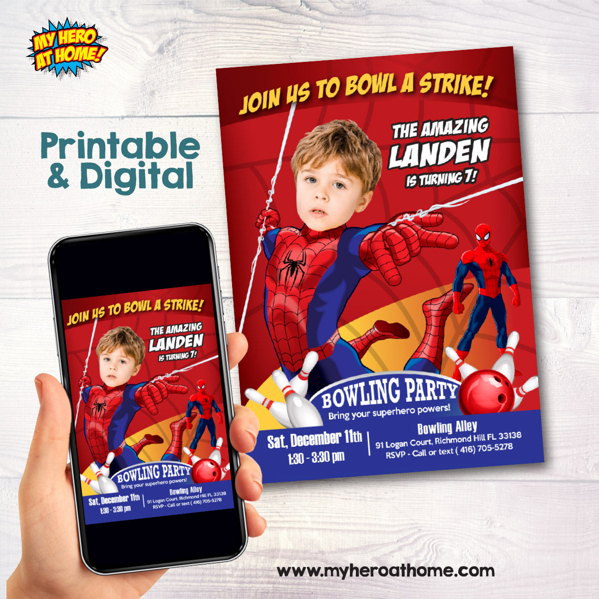 Spiderman Bowling Birthday Party Invitation Featuring Kid as the Star. 146