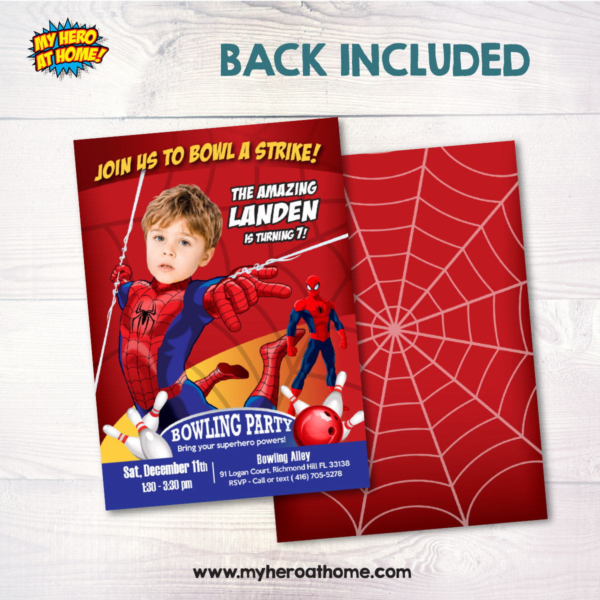 Spiderman Bowling Birthday Party Invitation Featuring Kid as the Star. 146