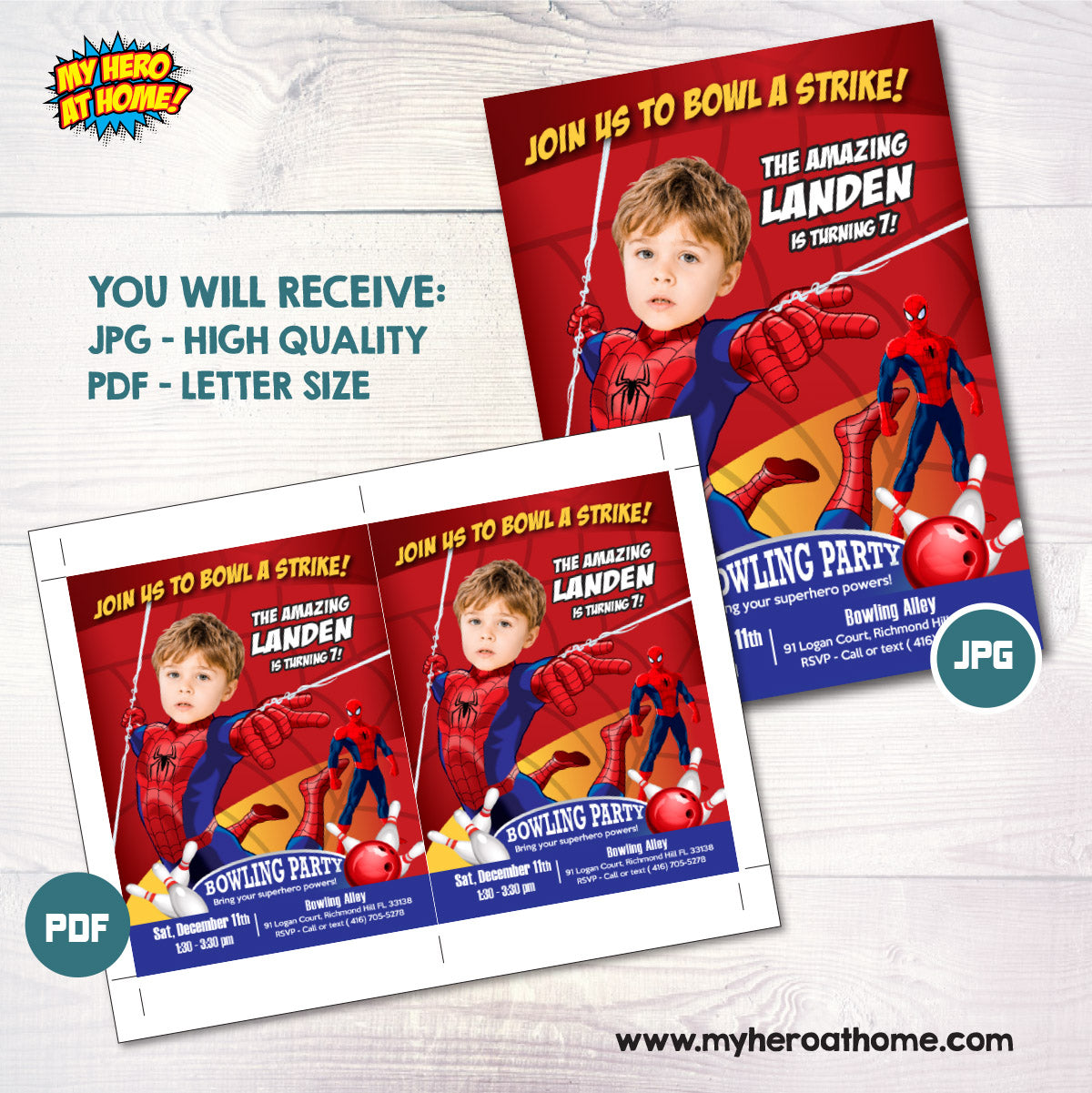 Spiderman Bowling Birthday Party Invitation Featuring Kid as the Star. 146