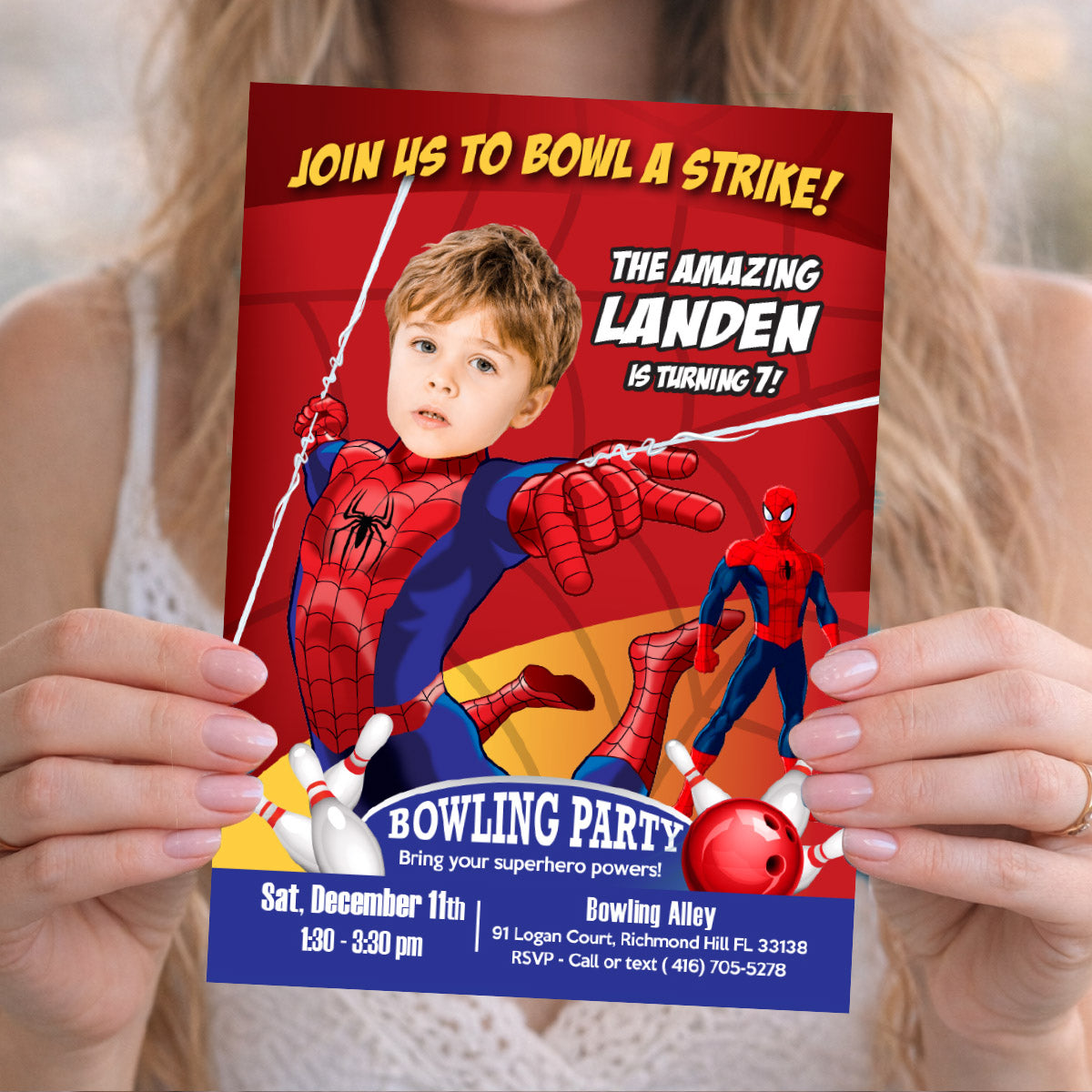Spiderman Bowling Birthday Party Invitation Featuring Kid as the Star. 146