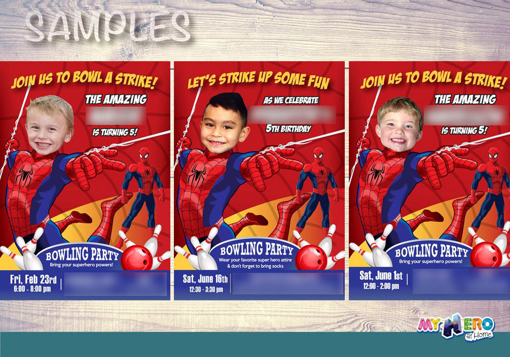 Spiderman Bowling Birthday Party Invitation Featuring Kid as the Star. 146