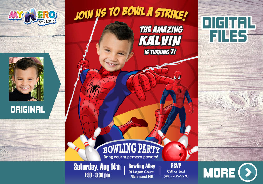 Spiderman Bowling Birthday Party Invitation Featuring Kid as the Star. 146