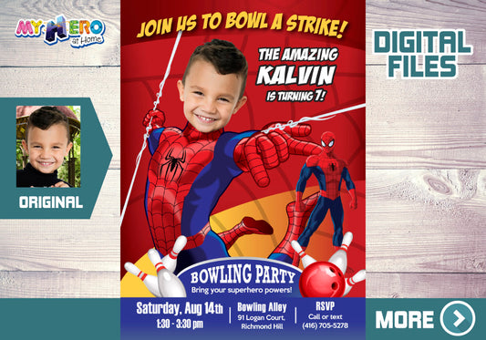 Spiderman Bowling Birthday Party Invitation Featuring Kid as the Star. 146