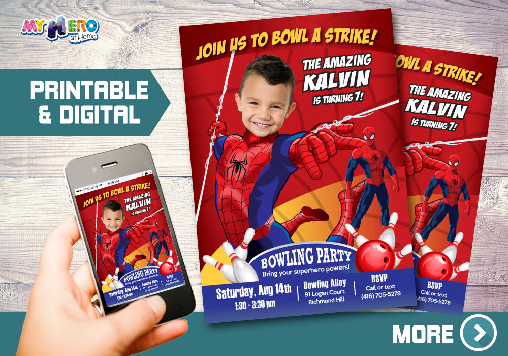 Spiderman Bowling Birthday Party Invitation Featuring Kid as the Star. 146