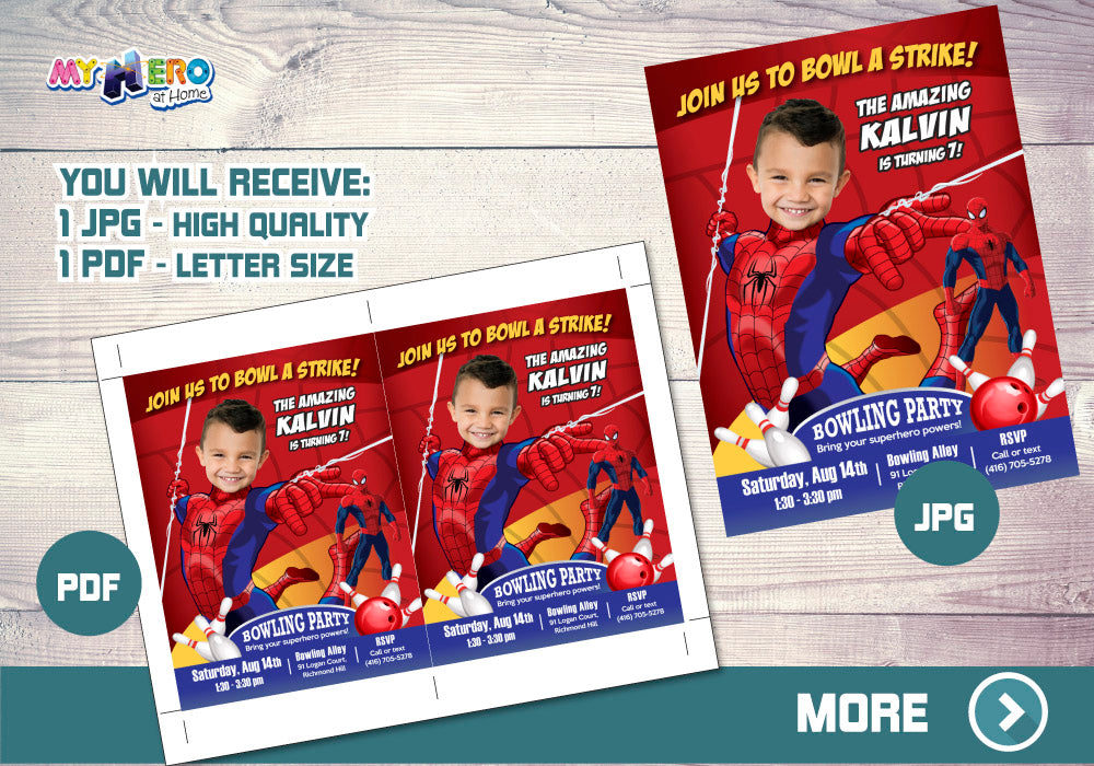 Spiderman Bowling Birthday Party Invitation Featuring Kid as the Star. 146