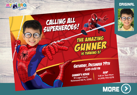 Turn you kid in Spiderman for his Custom Superhero Birthday Invitation.148