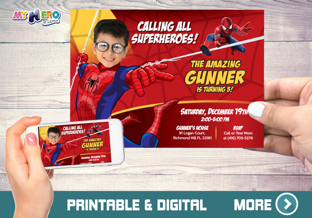 Turn you kid in Spiderman for his Custom Superhero Birthday Invitation.148