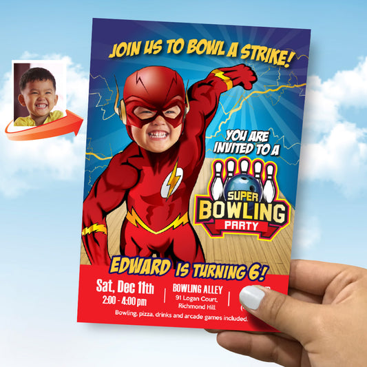 Flash Bowling Party Invitation with your kid as the fastest superhero, Flash theme bowling Party, Superheroes Let’s Bowl. 149BIN