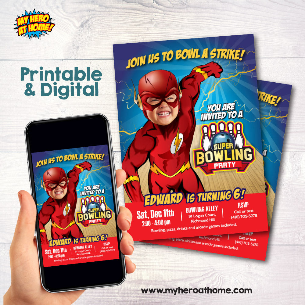 Flash Bowling Party Invitation with your kid as the fastest superhero, Flash theme bowling Party, Superheroes Let’s Bowl. 149BIN