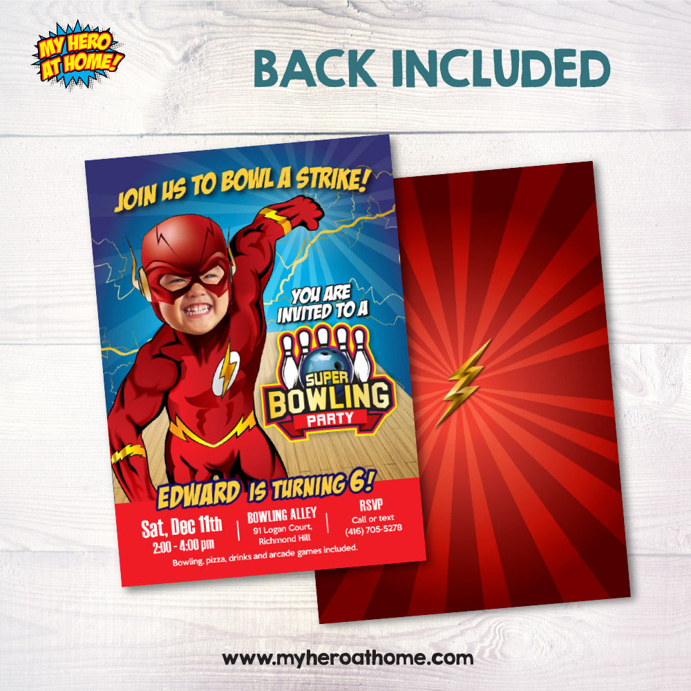 Flash Bowling Party Invitation with your kid as the fastest superhero, Flash theme bowling Party, Superheroes Let’s Bowl. 149BIN