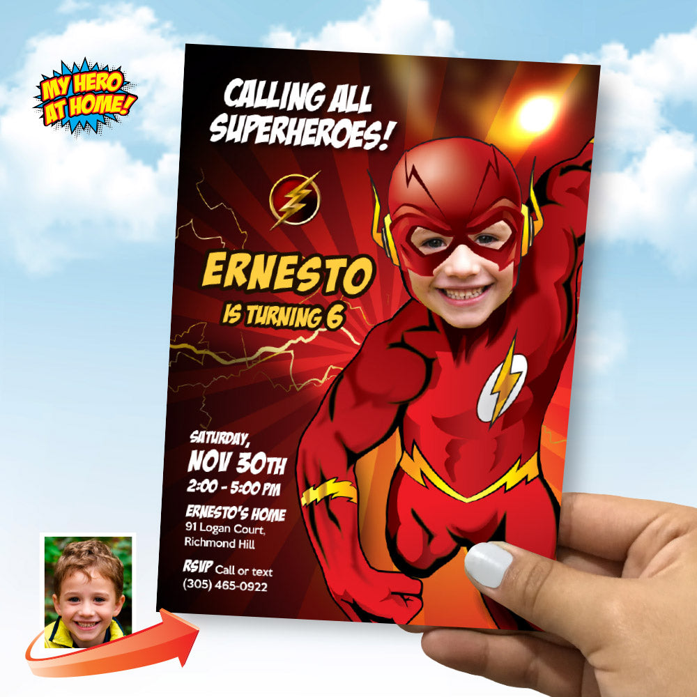 Flash Birthday invitation with your child as the star, Flash party template with photo. 149IN